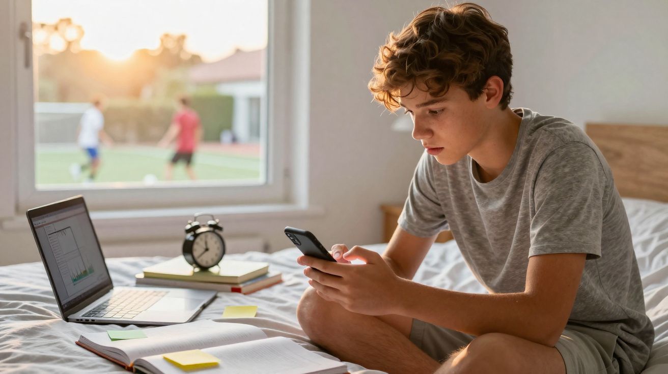 Rapaz sentado na cama a usar telemóvel, com caderno, portátil e livros abertos à sua frente.