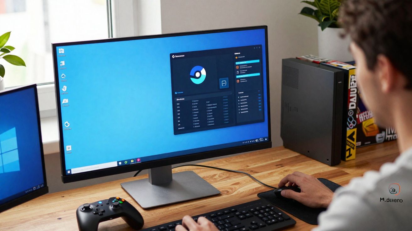 Pessoa a usar computador com monitor e comandos de videojogos numa secretária de madeira junto a janela.