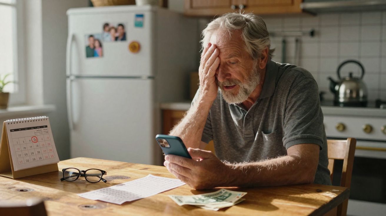 Homem idoso preocupado a olhar para o telemóvel numa cozinha, com notas de dinheiro e calendário na mesa.