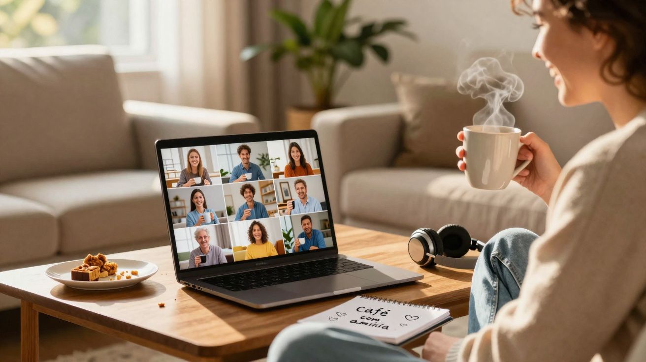 Pessoa a participar numa videochamada e a beber café numa sala com sofá e mesa de madeira.