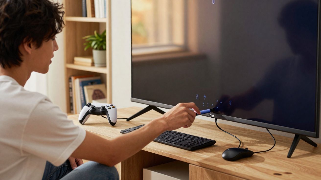 Pessoa a ligar uma televisão com comando, num ambiente com comandos de consola e teclado na mesa.