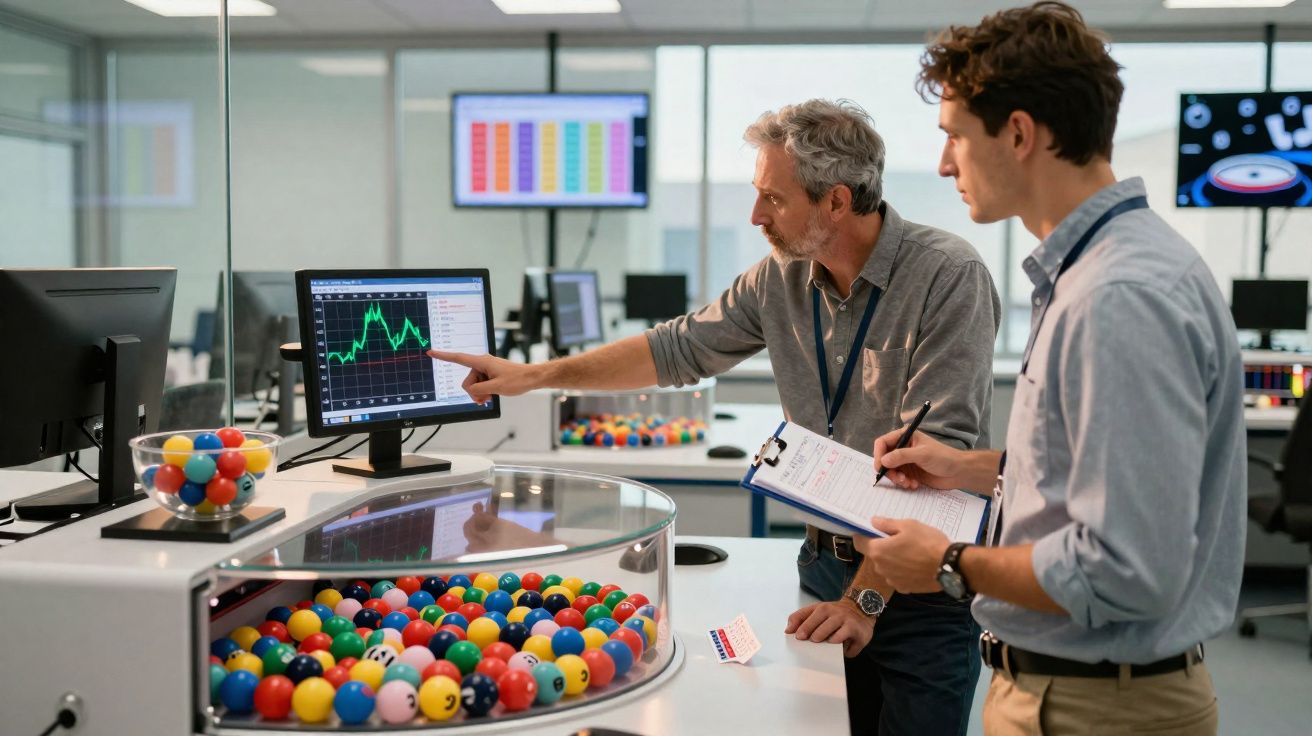 Dois homens observam gráficos financeiros no computador numa sala com bolas coloridas de lotaria.