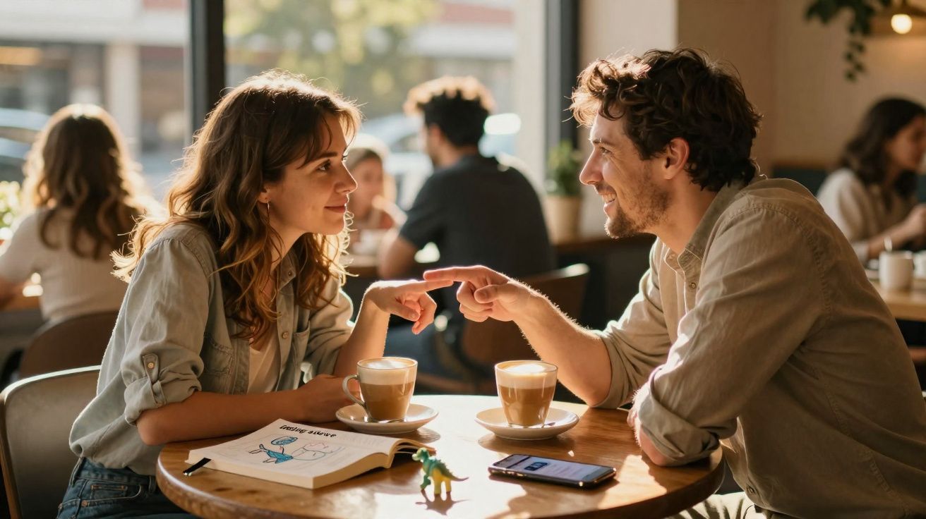 Homem e mulher sorridentes a apontar um para o outro enquanto tomam café numa cafetaria.