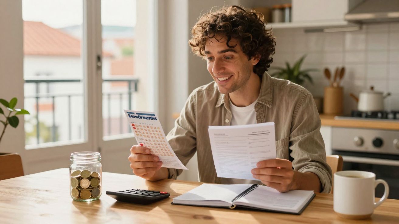 Homem sorridente com bilhete de Euromilhões e documentos, sentado à mesa com caderno, calculadora e frasco com moedas.