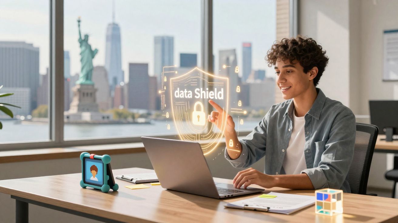 Jovem sentado a computador com gráfico virtual de proteção de dados e Estátua da Liberdade ao fundo.