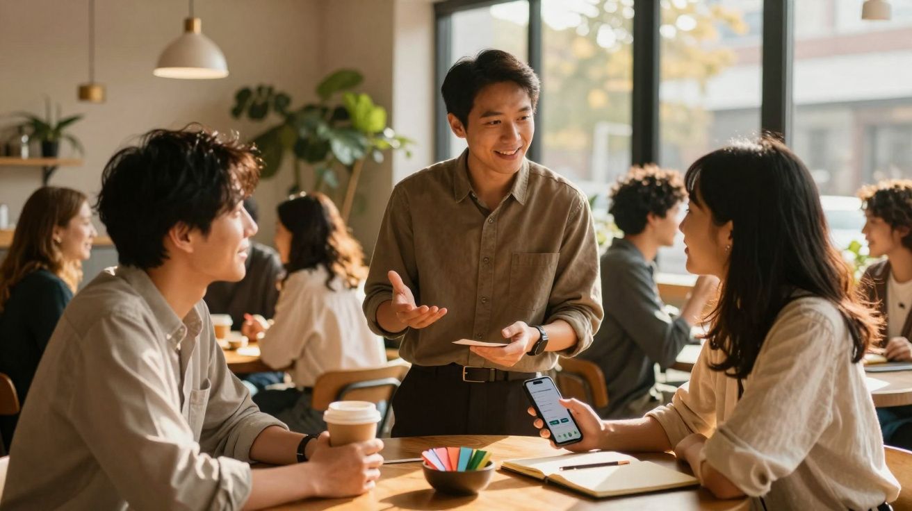 Jovens conversam animadamente numa cafeteria luminosa, com telemóveis e café numa mesa de madeira.