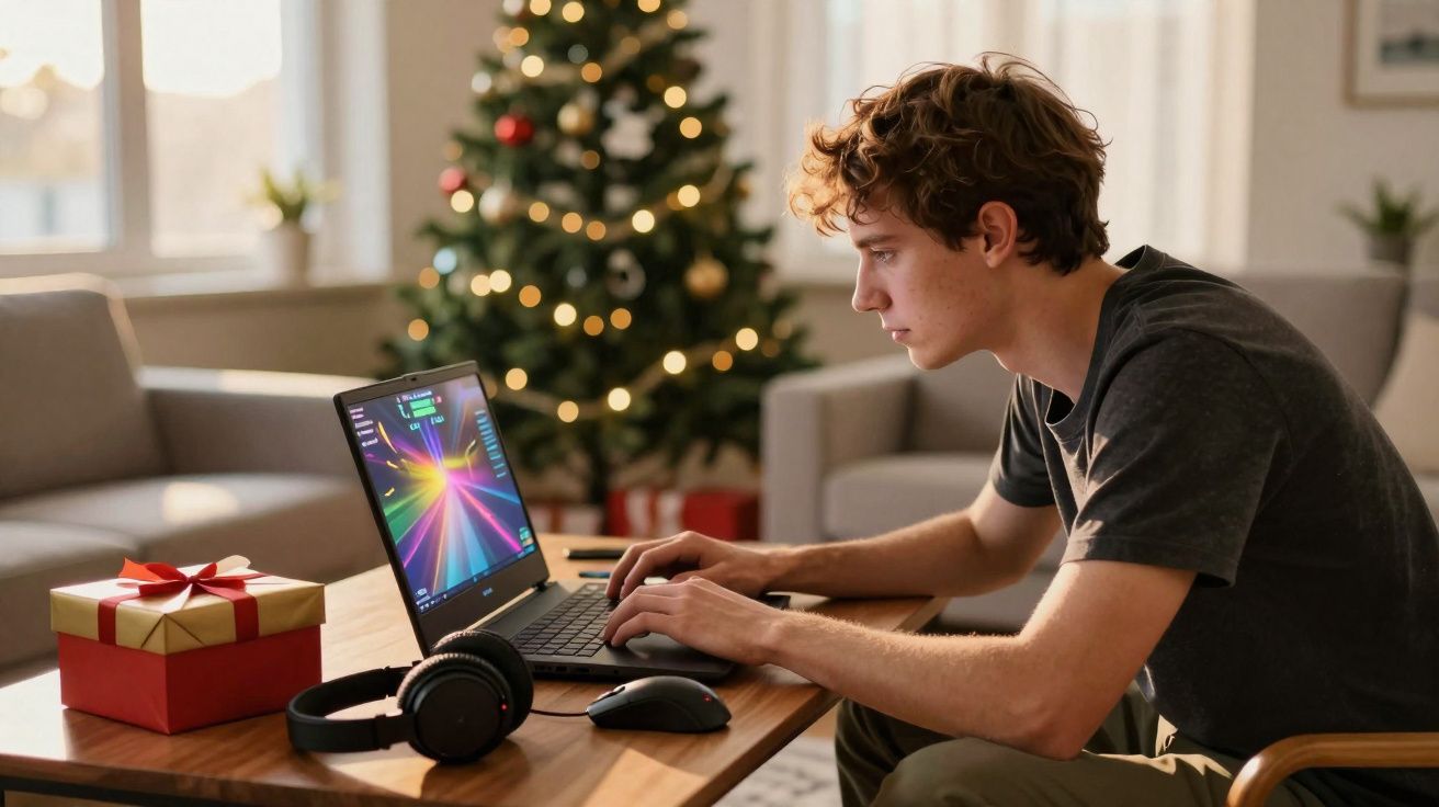 Jovem sentado a jogar num computador portátil em casa com uma árvore de Natal e um presente ao lado.