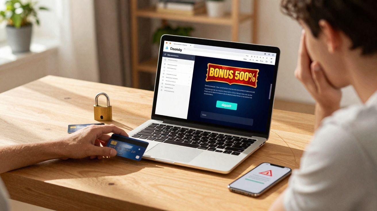 Pessoa a realizar depósito online no computador portátil com cartão de crédito e telefone com alerta na mesa