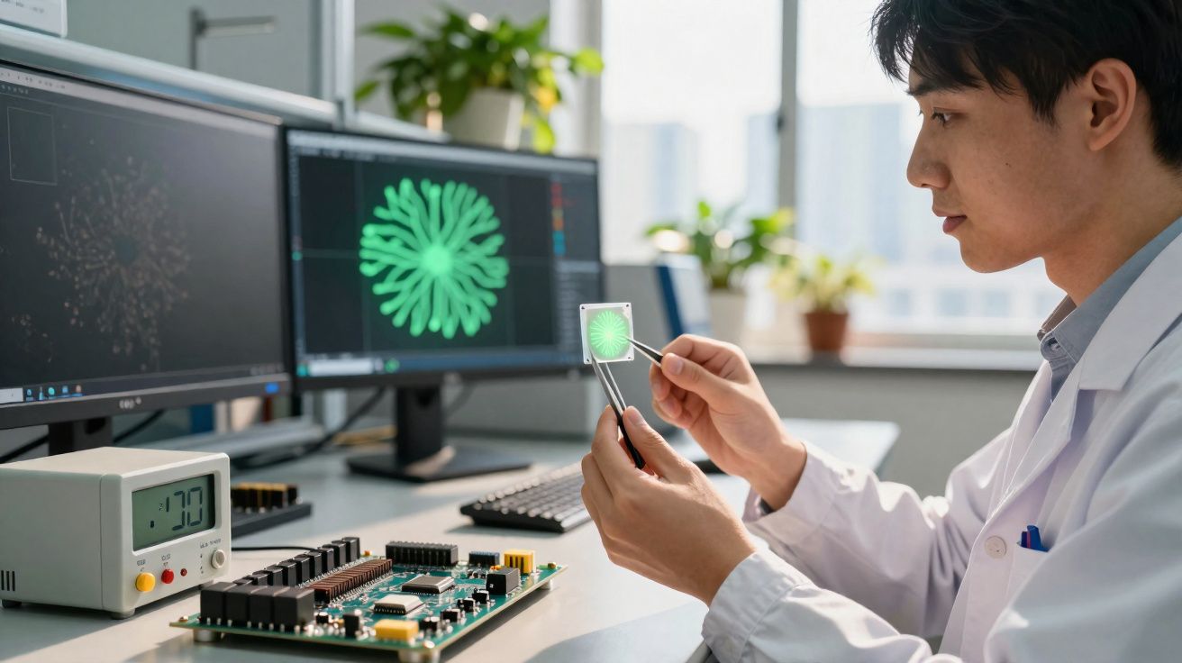 Cientista em laboratório observa chip com padrão verde, sentado frente a ecrãs com gráficos tecnológicos.