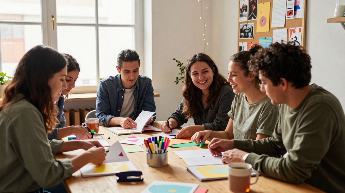 Grupo de seis jovens a discutir projetos criativos sentados à mesa com papel e canetas coloridas num ambiente luminoso.