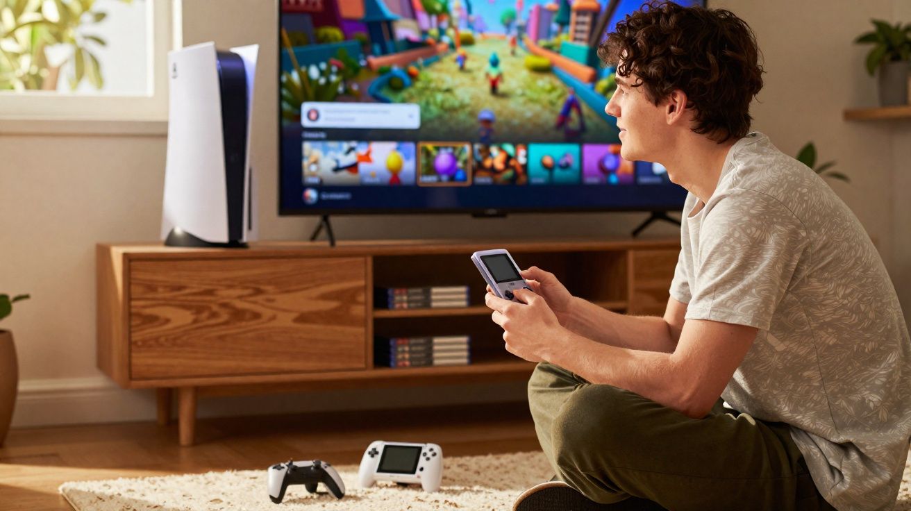 Jovem sentado no chão a jogar consola portátil em sala com televisão, comandos e PlayStation 5 sobre móvel de madeira.