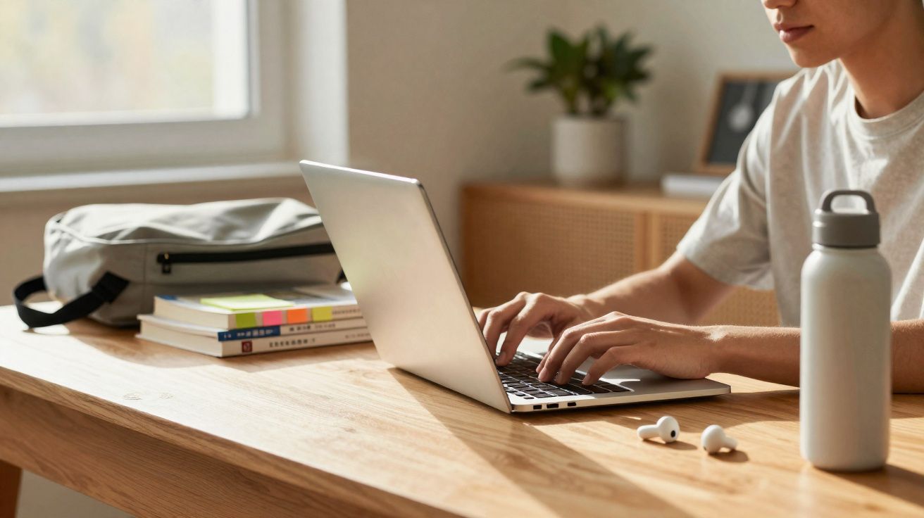 Pessoa a usar portátil numa secretária com livros, mochila, garrafa e auscultadores sem fios.