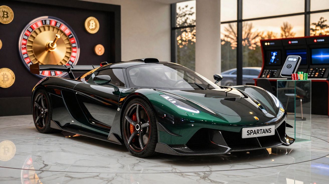 Carro desportivo verde escuro num showroom com roleta e fichas de casino ao fundo.