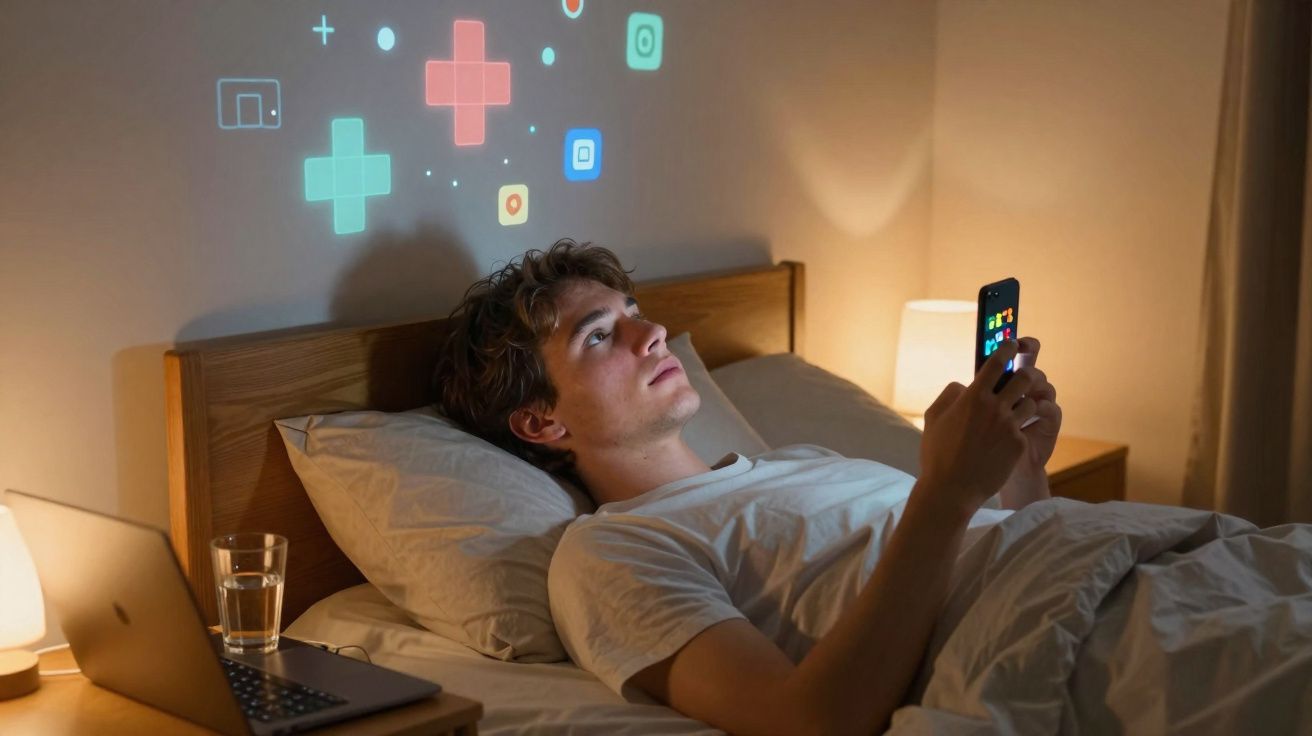 Jovem deitado na cama a usar o telemóvel, com projeções digitais coloridas na parede atrás dele.