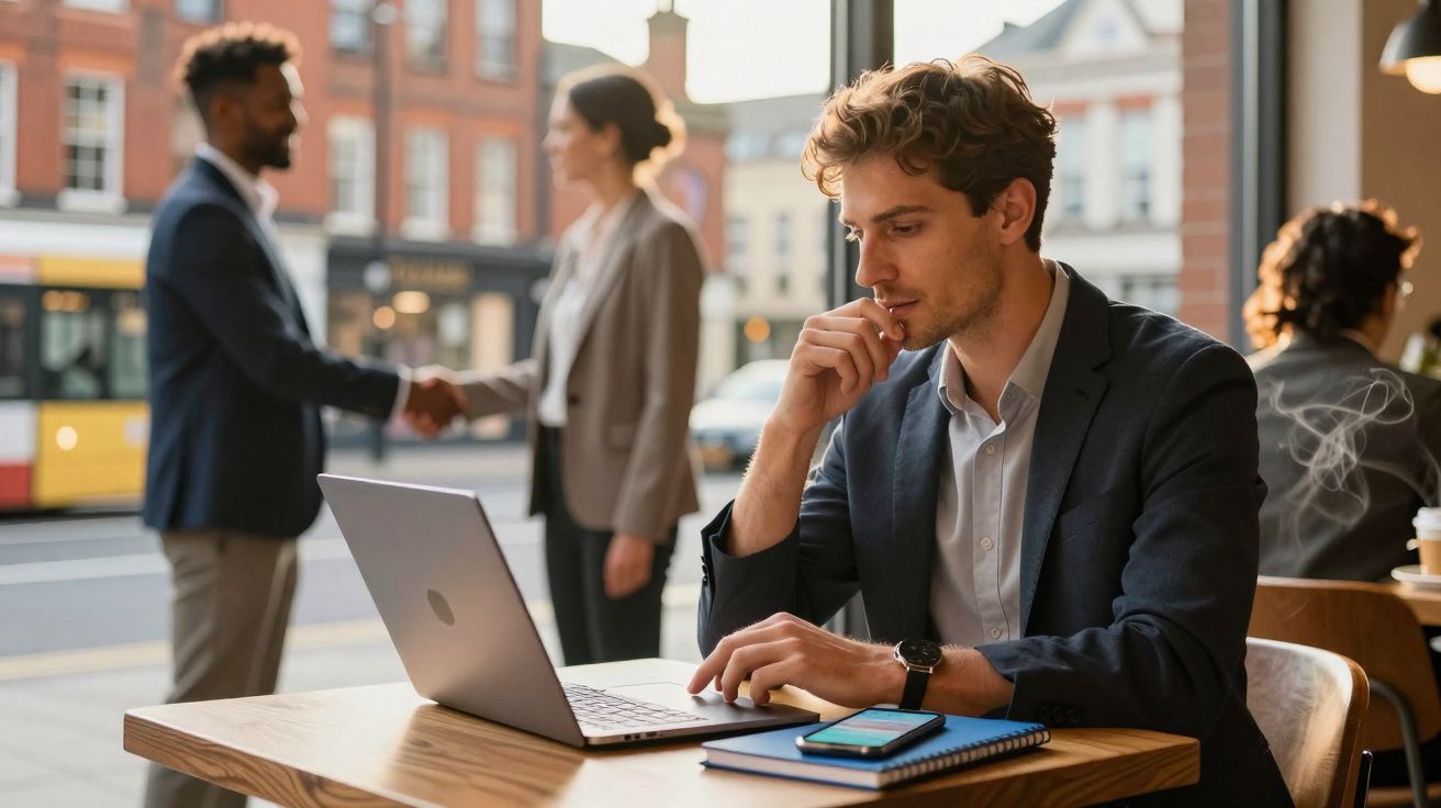Homem jovem a trabalhar num computador portátil num café, com duas pessoas a cumprimentar-se ao fundo na rua.