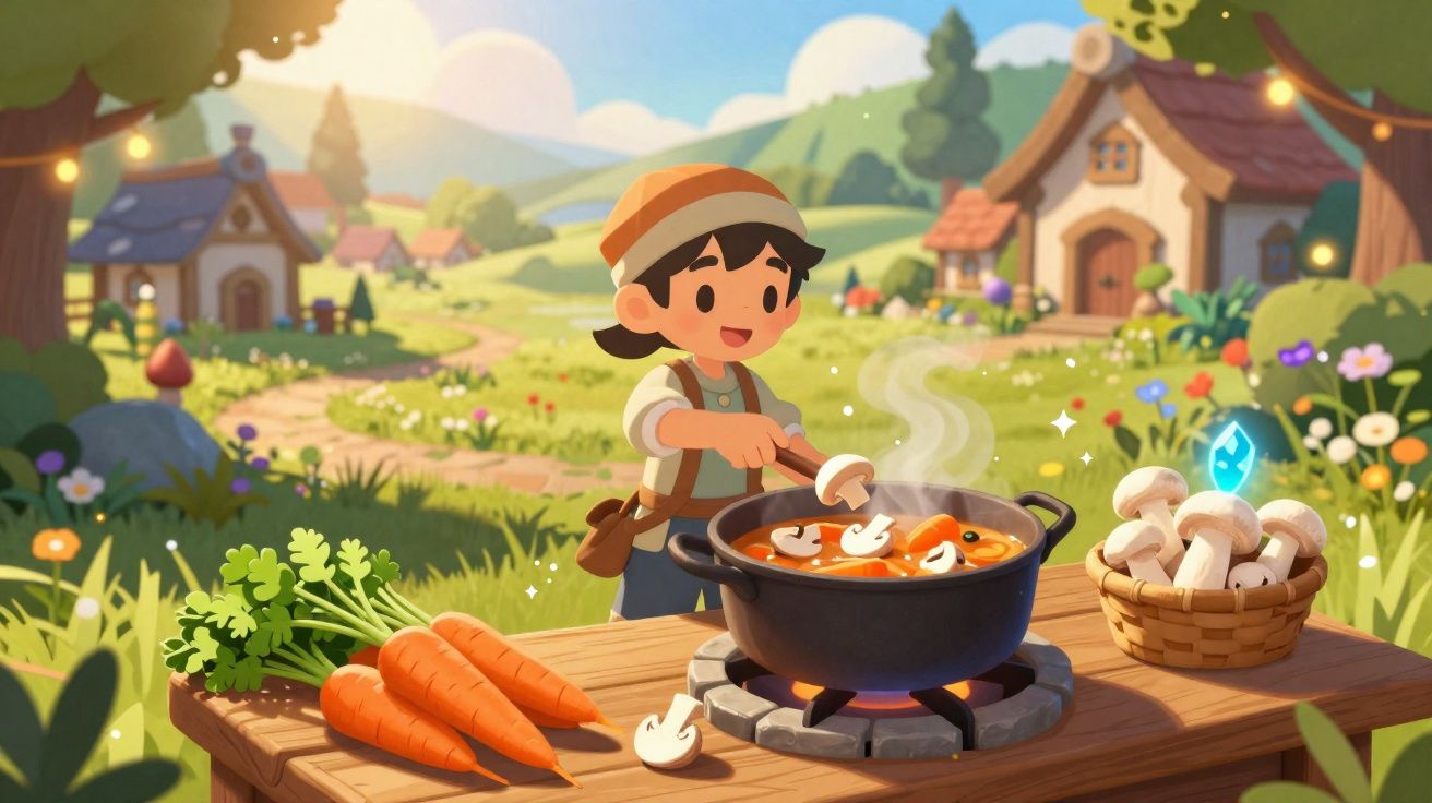 Criança a cozinhar sopa com legumes frescos em aldeia rural ensolarada e cheia de flores coloridas.