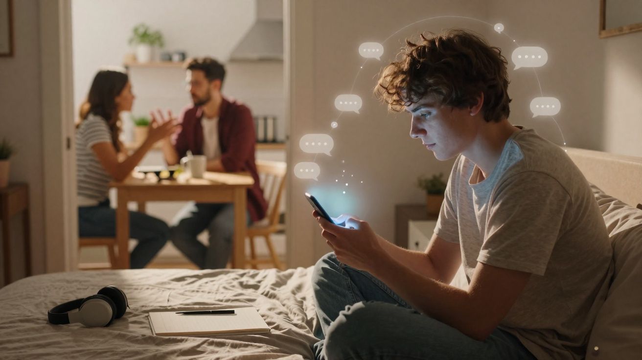 Jovem sentado na cama a usar o telemóvel com bolhas de diálogo, casal a discutir ao fundo numa mesa.