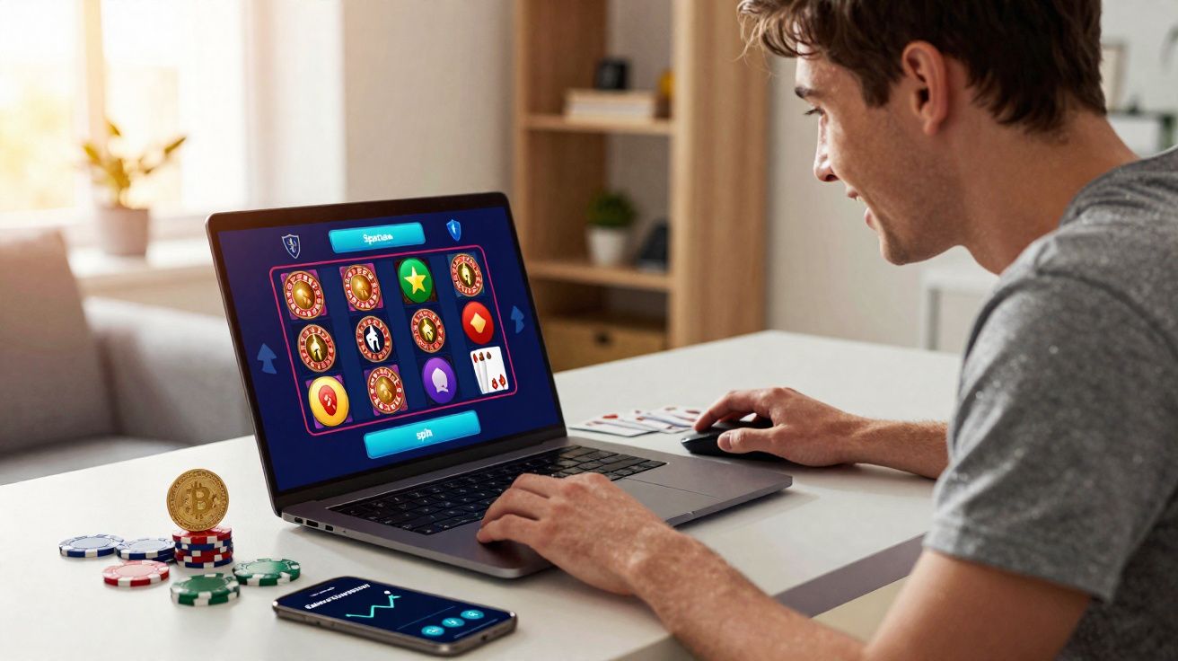 Homem a jogar num jogo de casino online num portátil, com fichas de poker e telemóvel na mesa.