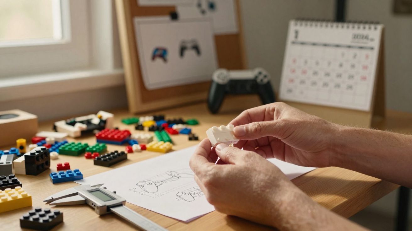 Mãos a montar peça de lego branco sobre mesa com várias peças coloridas e desenho de comando de videojogo.