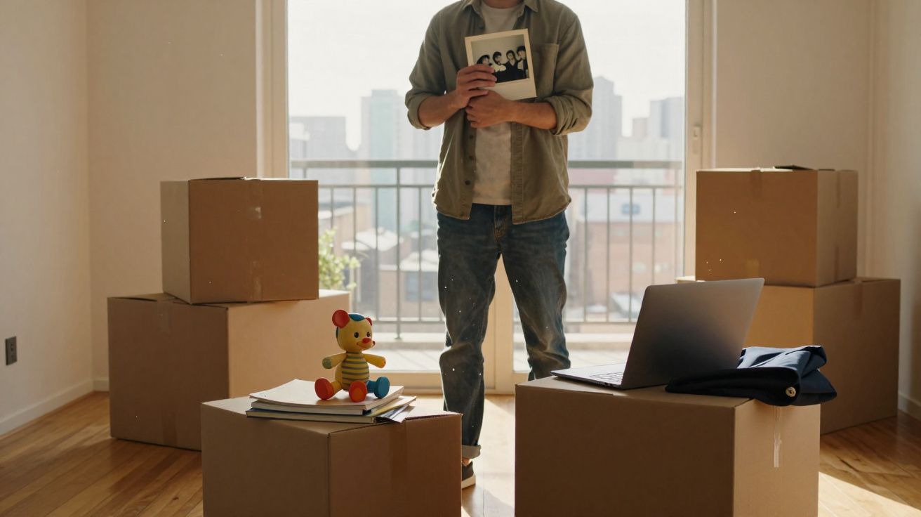 Pessoa a segurar uma fotografia, rodeada de caixas de mudanças numa sala iluminada por uma varanda.