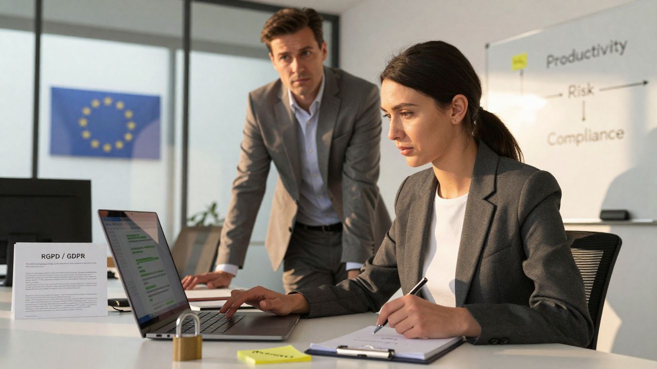 Duas pessoas em escritório, uma mulher a trabalhar no computador e um homem a observar, bandeira da UE ao fundo.