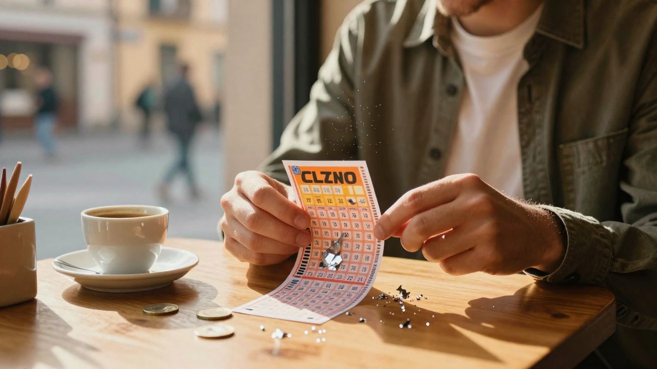 Homem risca um bilhete de raspadinha num café, com moedas e chávena de café na mesa.