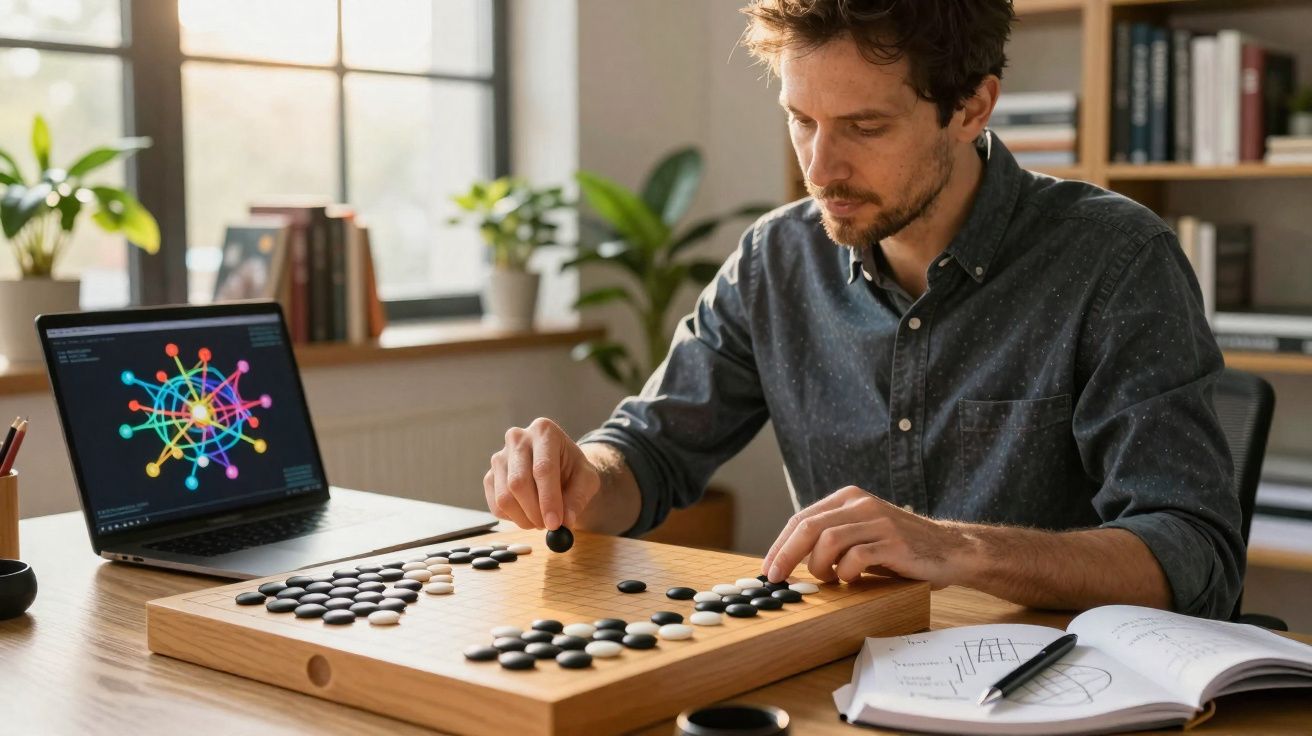 Homem a jogar jogo de tabuleiro Go numa mesa com computador e caderno numa sala iluminada.
