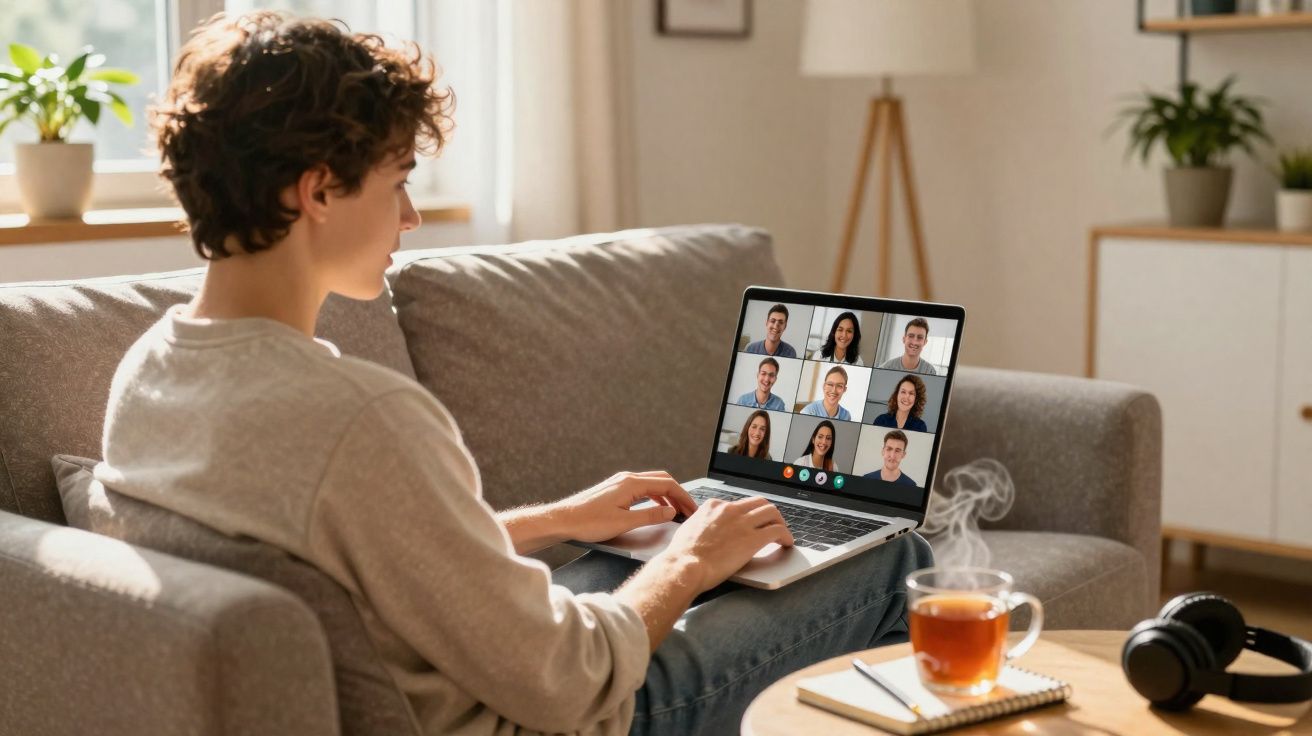 Pessoa sentada no sofá participa numa videochamada em grupo num laptop, com chá e auscultadores na mesa.