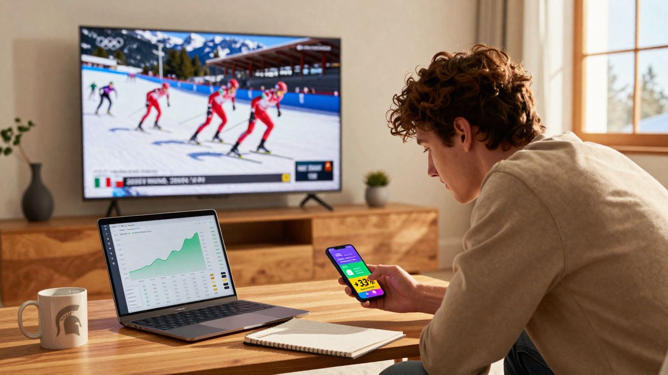 Jovem sentado a trabalhar com portátil e telemóvel, com televisão a mostrar corrida de esqui em fundo.