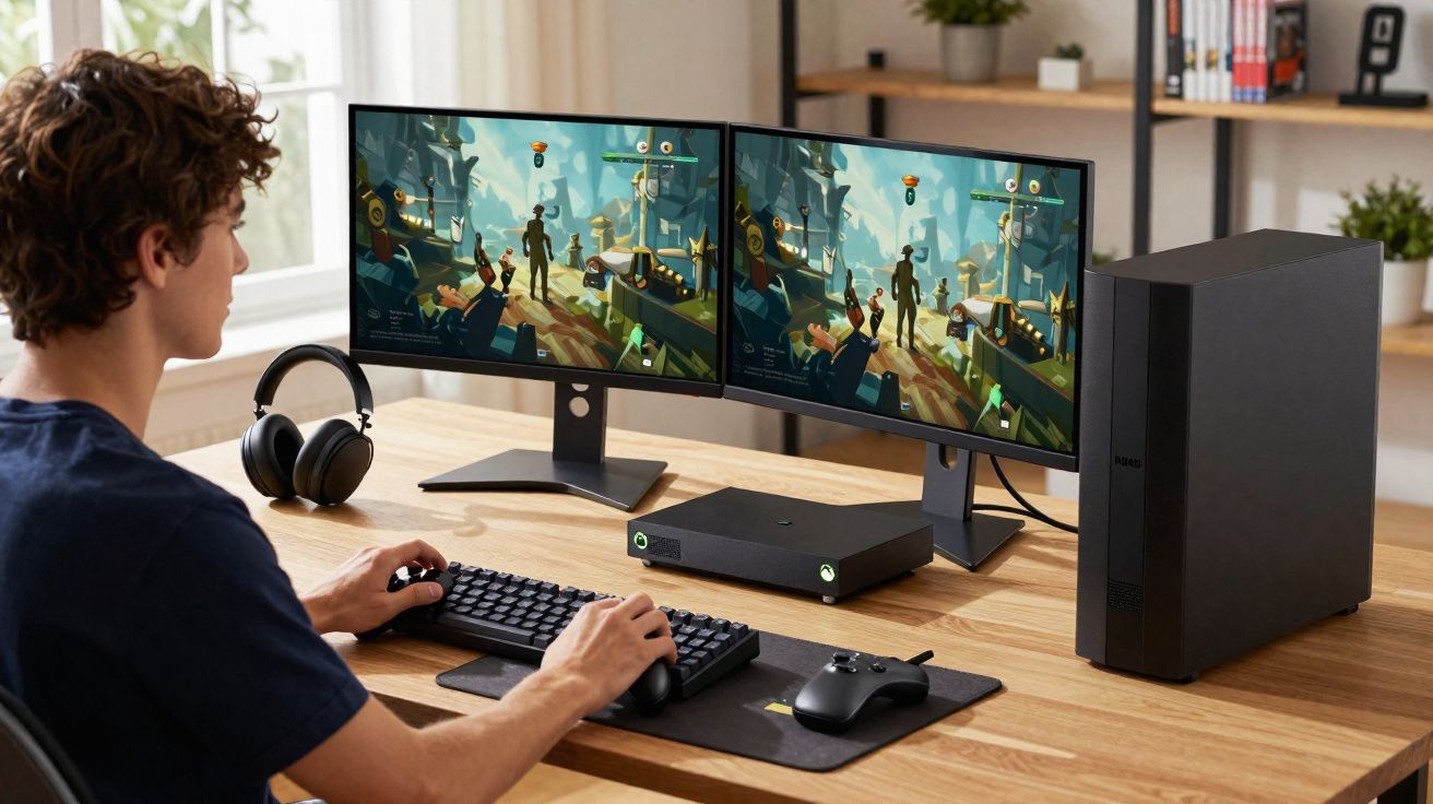 Jovem a jogar videojogos num computador com dois ecrãs, teclado, rato, comando e auscultadores numa secretária.