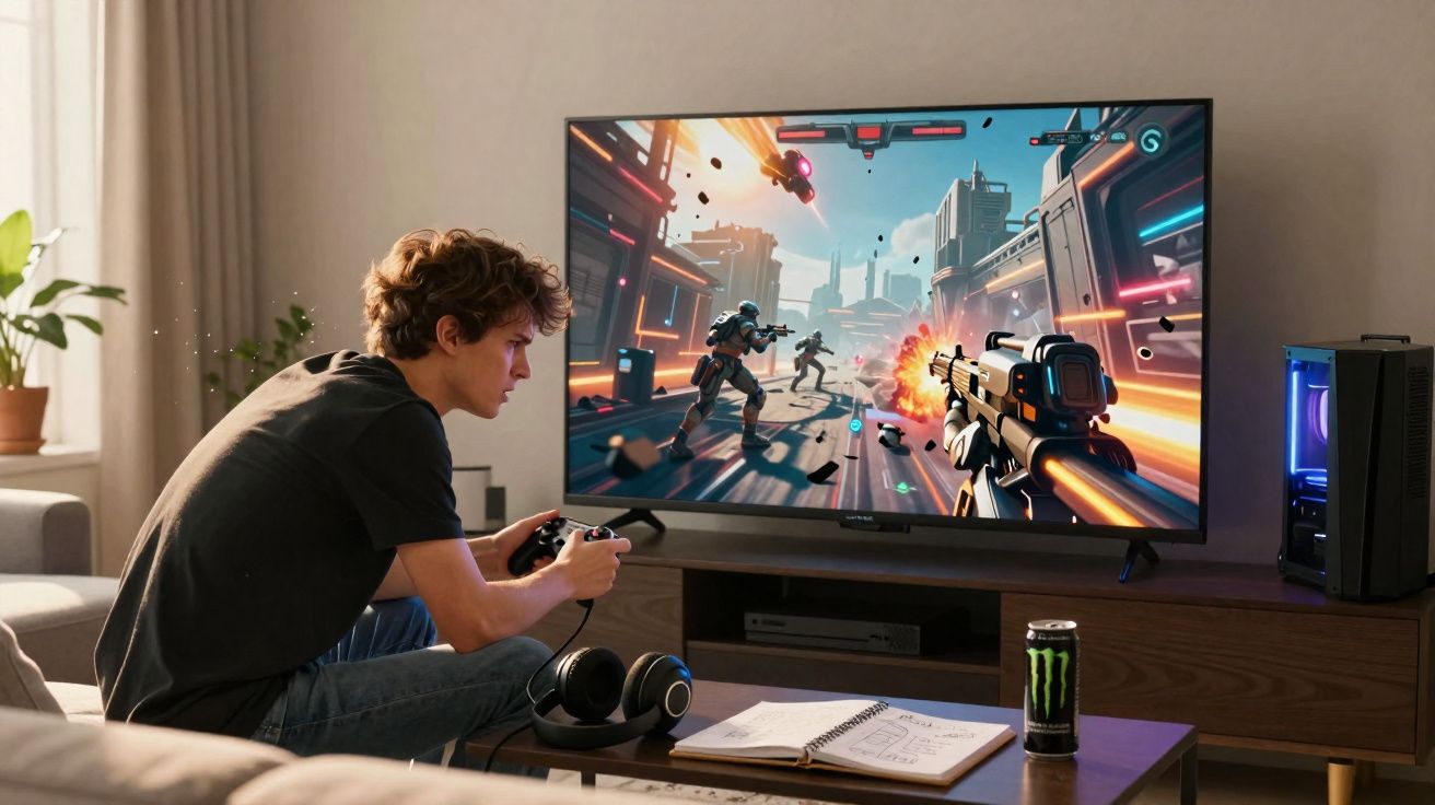 Jovem sentado a jogar videojogo de ação em televisão grande, com comandos na mão e auriculares na mesa.