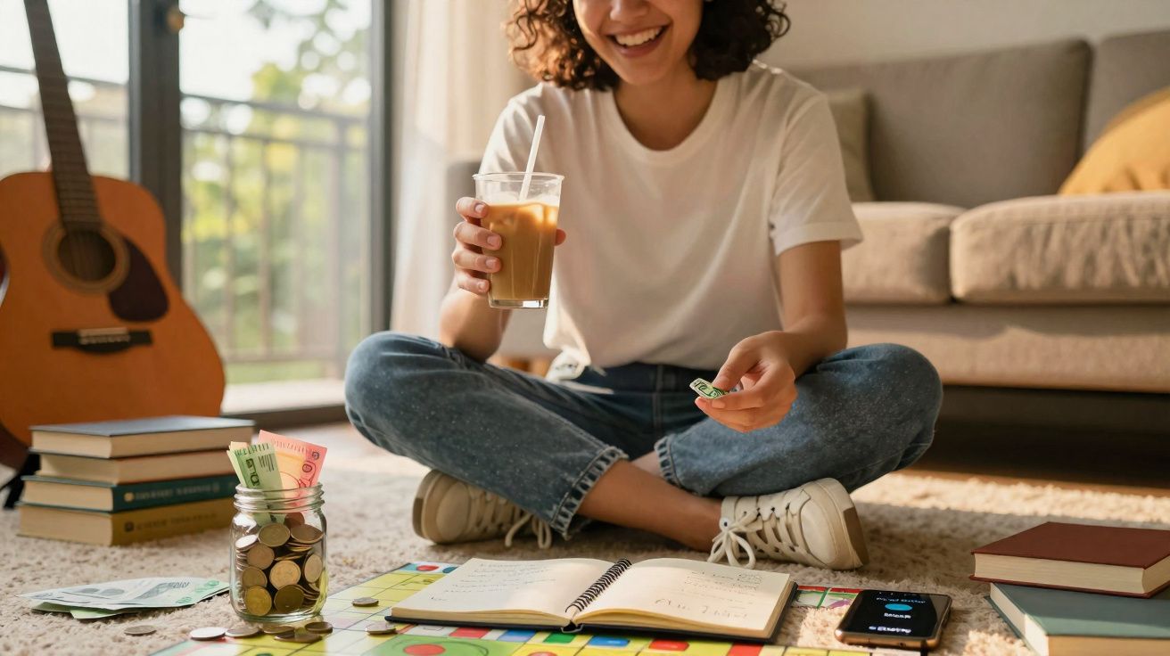Mulher sentada no chão a sorrir, segurando copo com bebida, com livros, jarro de moedas e smartphone à sua frente.