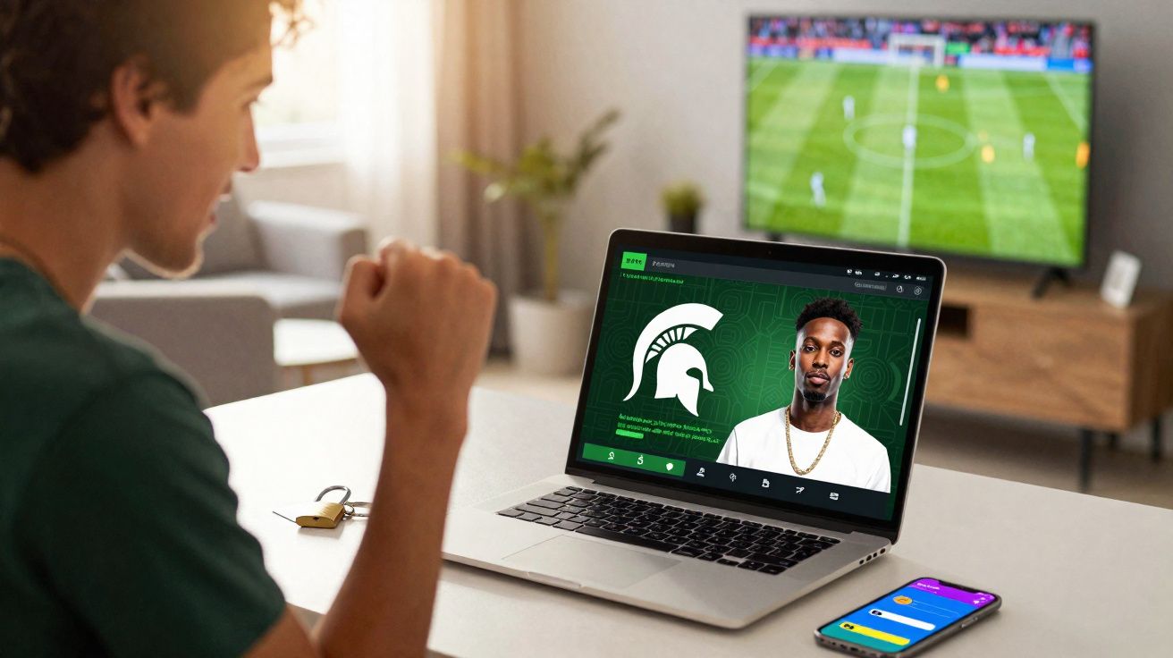 Pessoa a jogar videojogo num computador portátil, com jogo de futebol na televisão ao fundo.