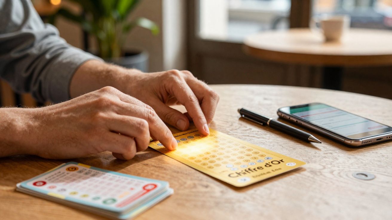 Mãos marcando números num cartão amarelo Chiffre d'or numa mesa com telemóvel e caneta.