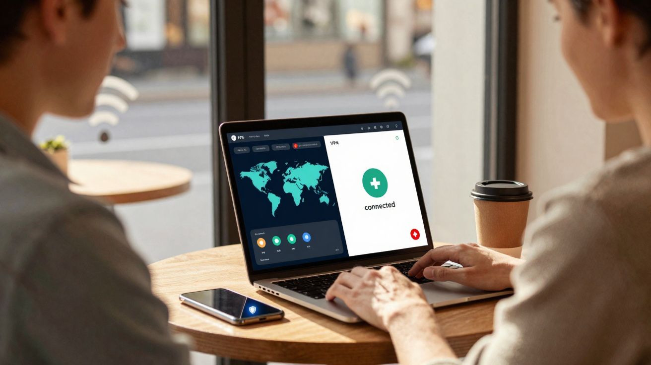 Duas pessoas numa mesa com laptop aberto numa ligação VPN ativa, telemóvel e café ao lado.