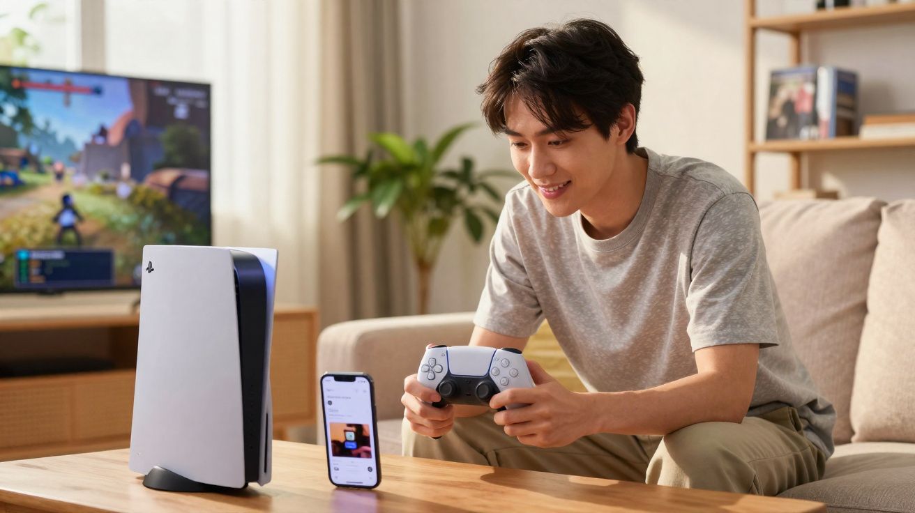 Jovem a sorrir enquanto joga numa consola PlayStation 5 em sala de estar moderna.