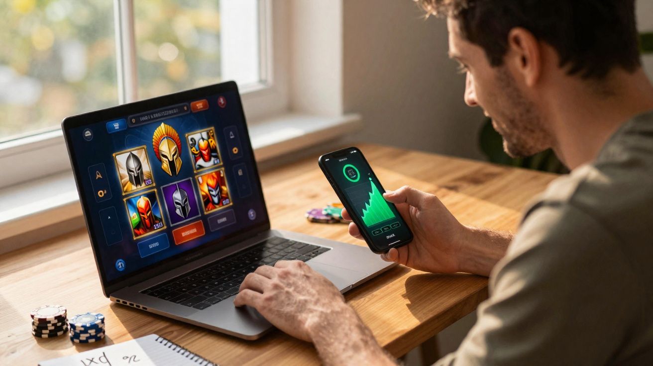 Homem sentado à mesa a usar portátil com jogo online e a consultar gráfico no telemóvel.