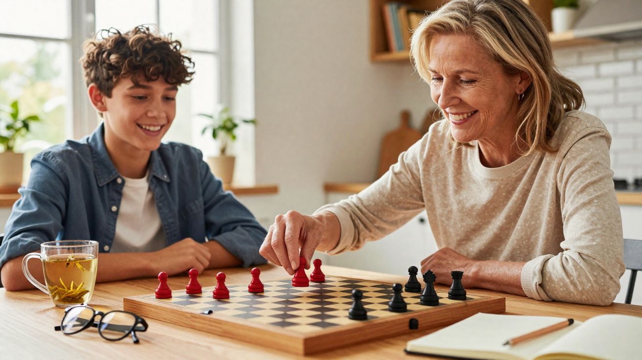 Mulher e rapaz a sorrir jogam xadrez numa mesa de madeira numa cozinha com muita luz natural.