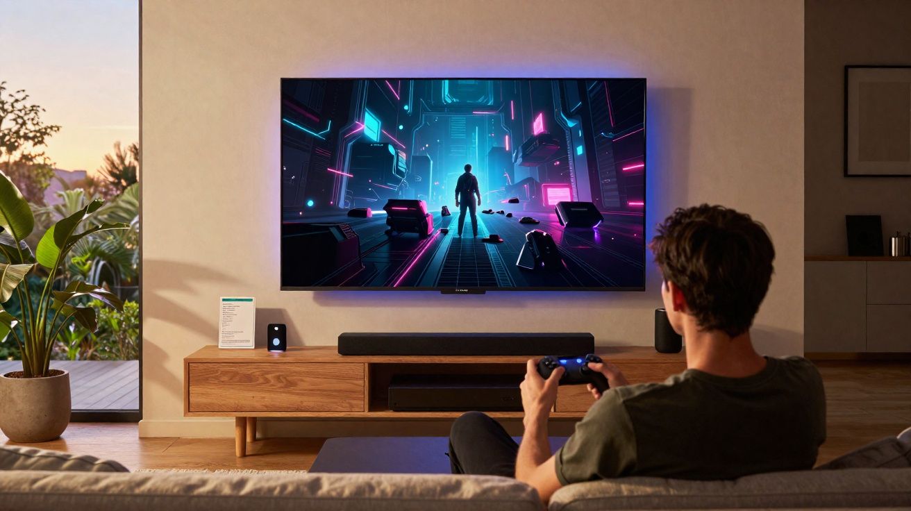 Homem sentado no sofá a jogar videojogo com ambiente futurista numa televisão grande na parede.