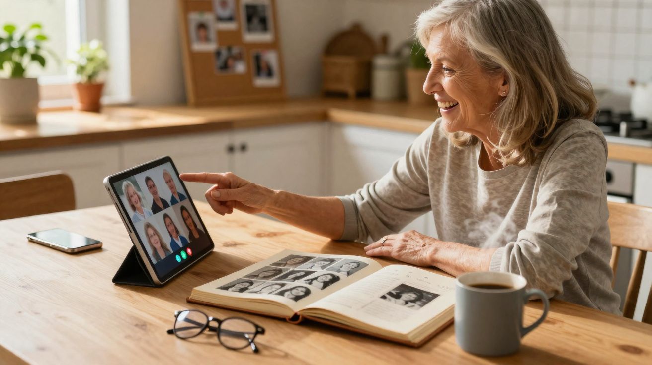 Mulher sénior sorridente faz videochamada num tablet, com livro de fotografias aberto à frente, numa cozinha.
