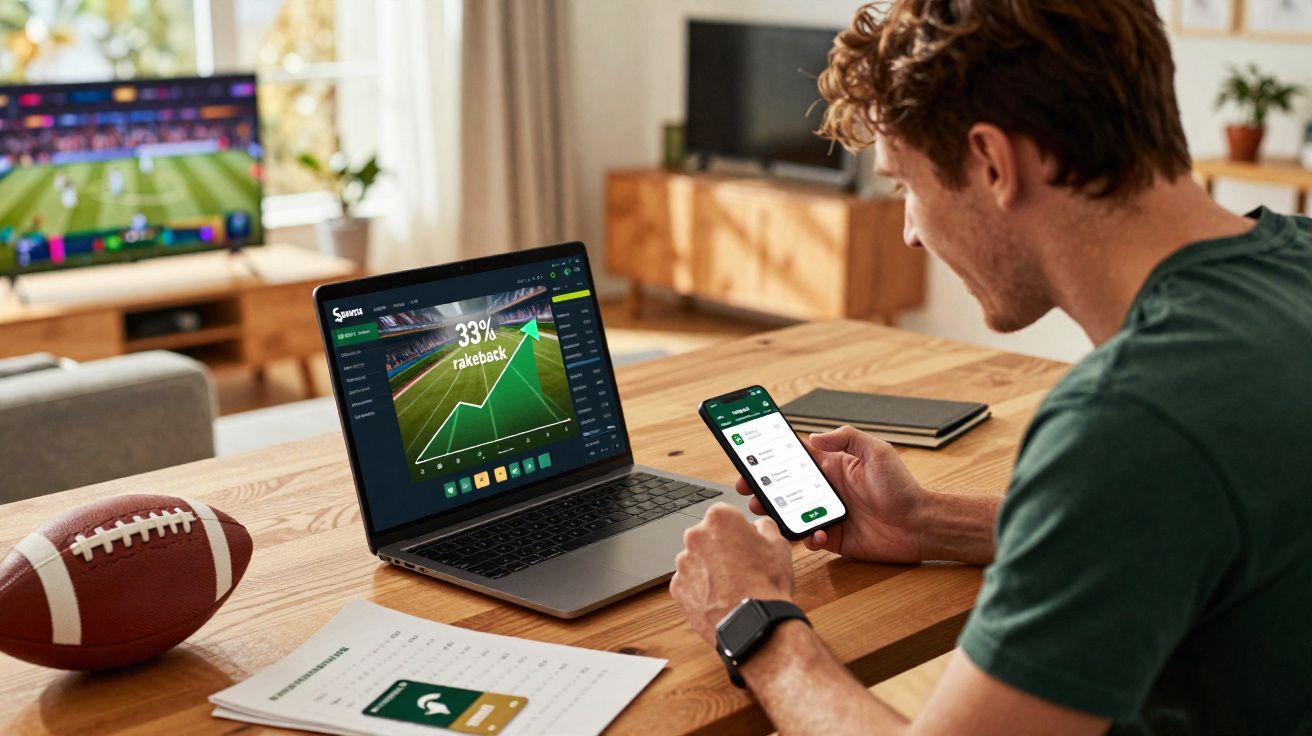 Homem sentado a analisar dados desportivos no portátil e a usar telemóvel numa sala com televisão ligada.