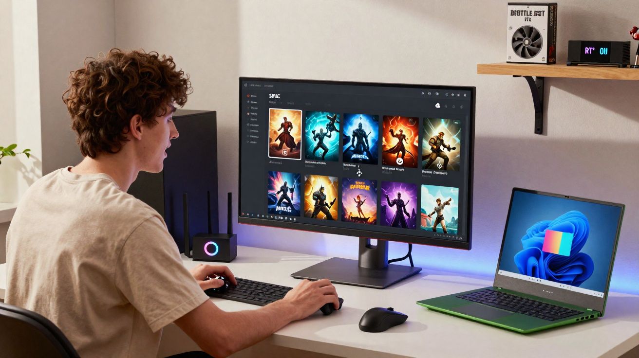 Jovem sentado a usar computador com jogos no ecrã principal e portátil ao lado numa mesa organizada.