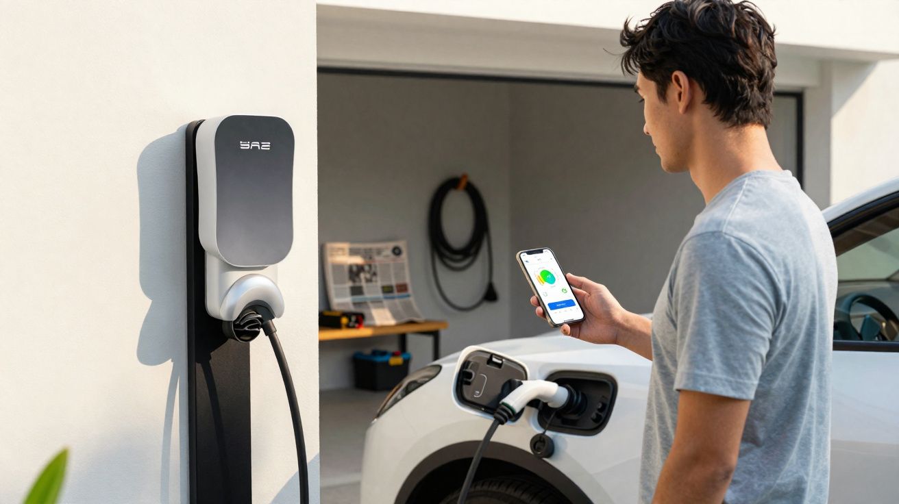 Homem a usar telemóvel enquanto carrega carro elétrico numa garagem residencial.