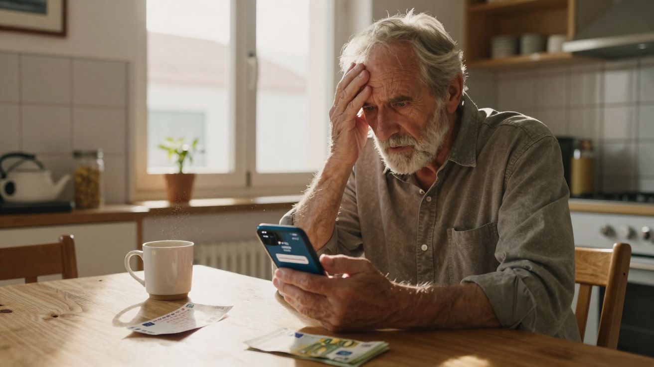 Homem idoso sentado à mesa na cozinha preocupado ao olhar para o telemóvel com notas e documentos à sua frente.