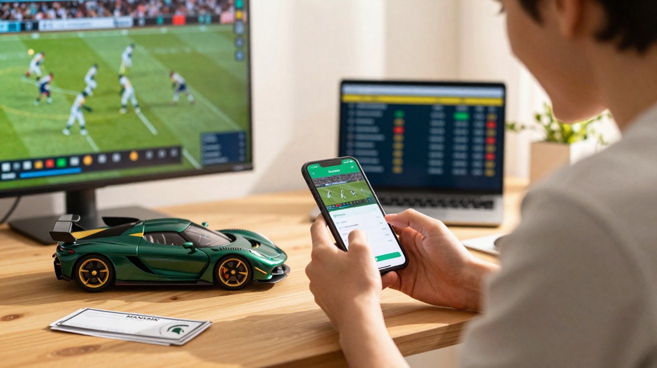 Pessoa a fazer apostas desportivas no telemóvel com jogo de futebol na televisão e computador à frente.