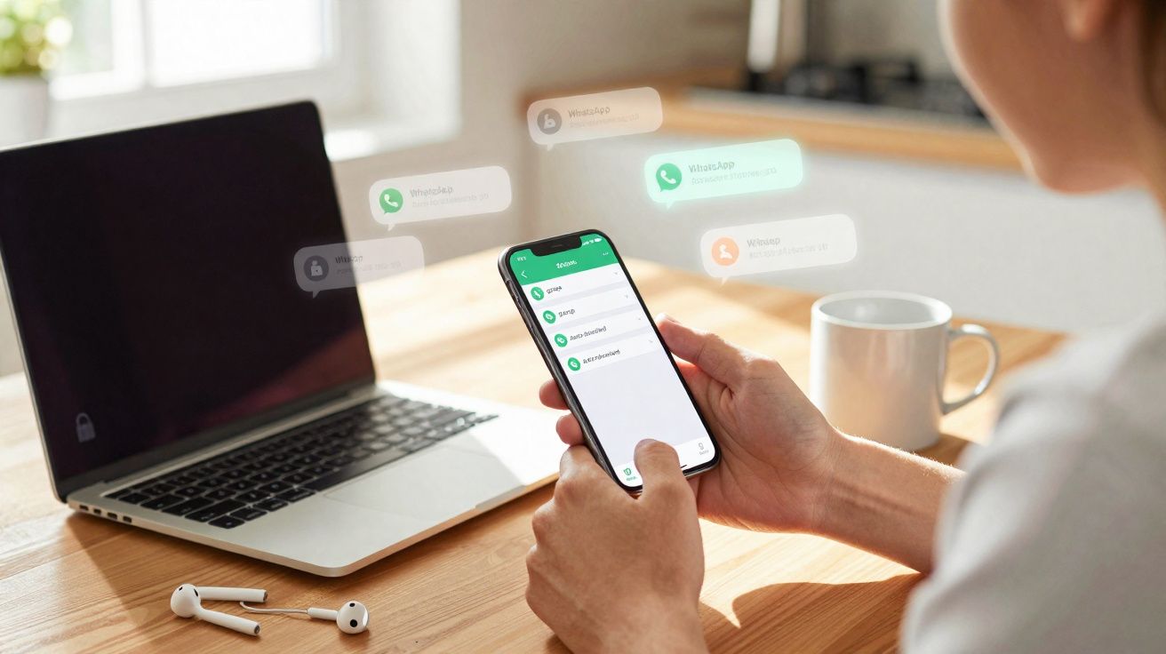 Pessoa a usar telemóvel com app de mensagens aberta, ao lado de computador portátil, auriculares e caneca numa mesa.