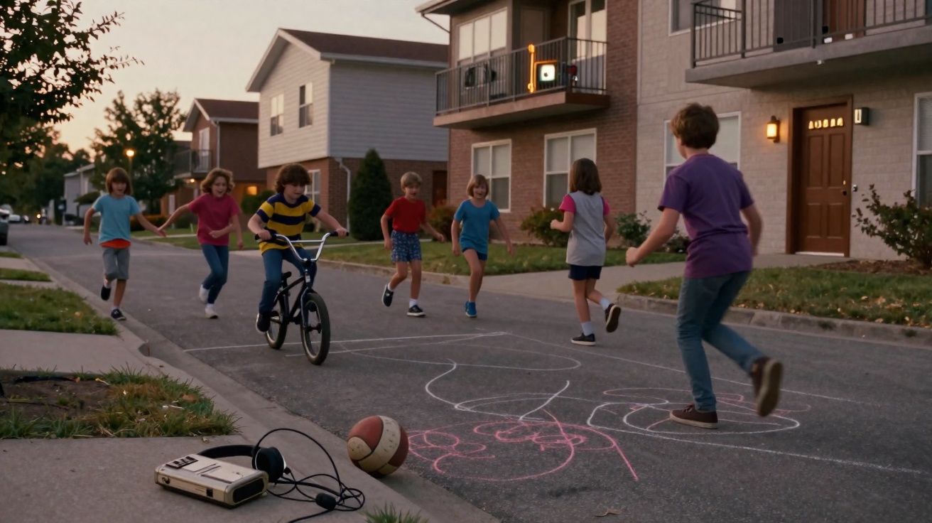 Crianças a brincar na rua com bicicleta, bola e desenhos de giz numa zona residencial ao entardecer.