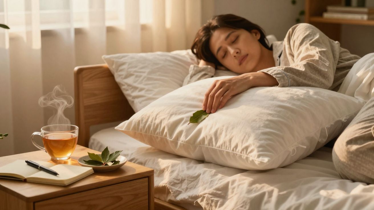 Mulher a dormir na cama com almofada e folha, chá quente e caderno numa mesa de cabeceira.