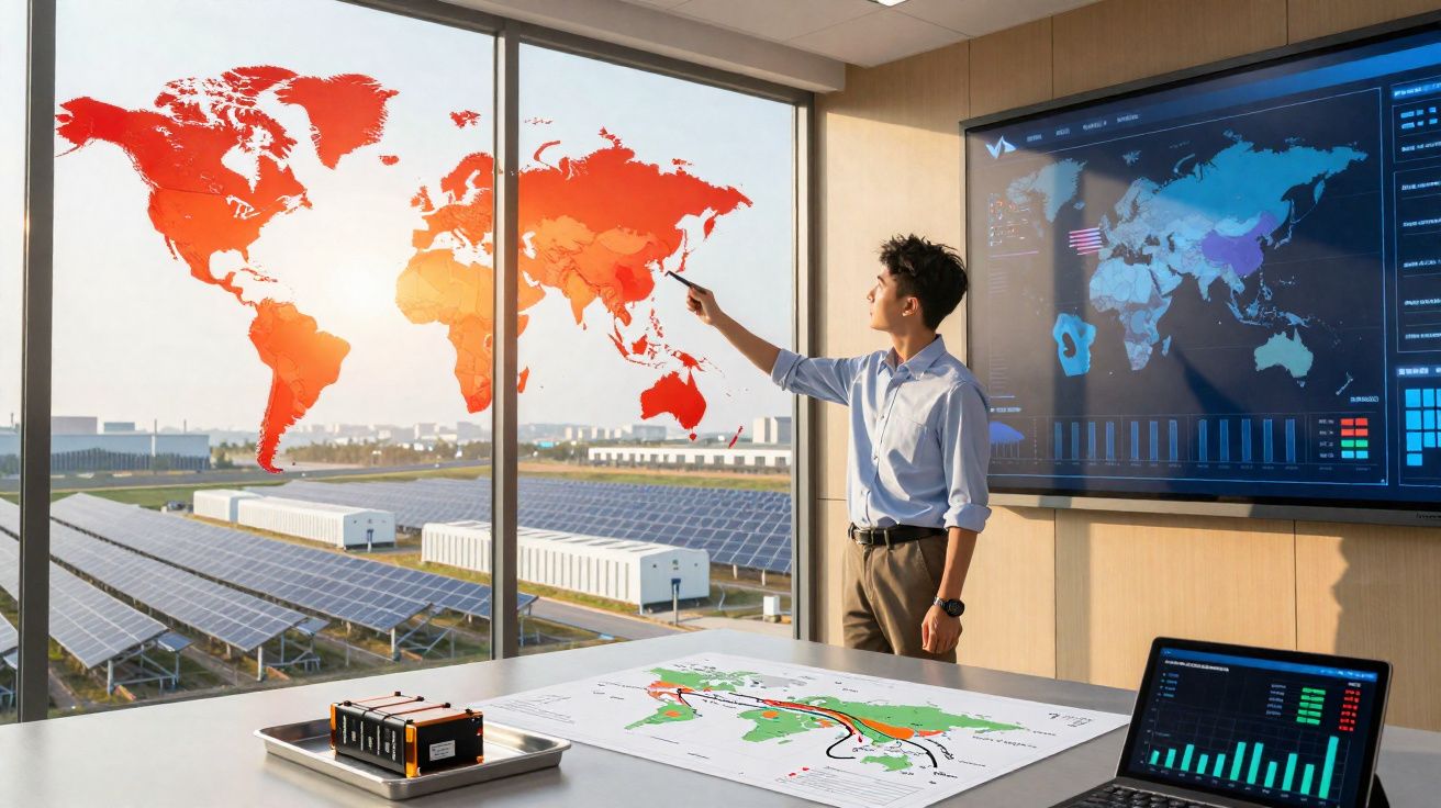 Homem aponta para mapa mundial vermelho numa sala com painéis solares e gráficos digitais ao fundo.