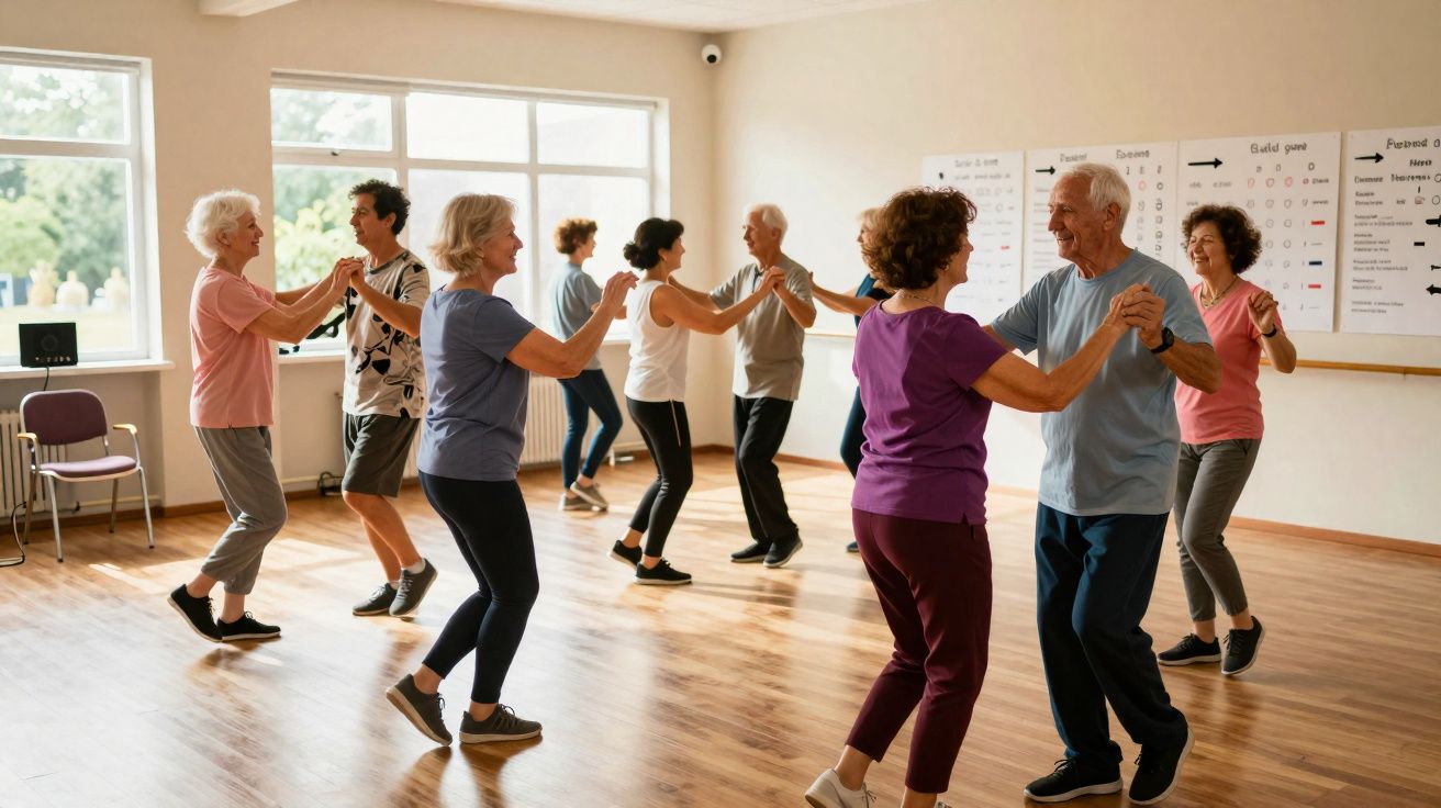 Grupo de idosos a dançar em pares numa sala com chão de madeira e janelas grandes.